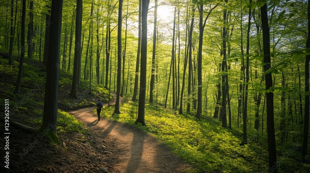 Obraz premium Trekker navigating a winding forest path, vibrant spring greenery and sunlight peeking through the trees