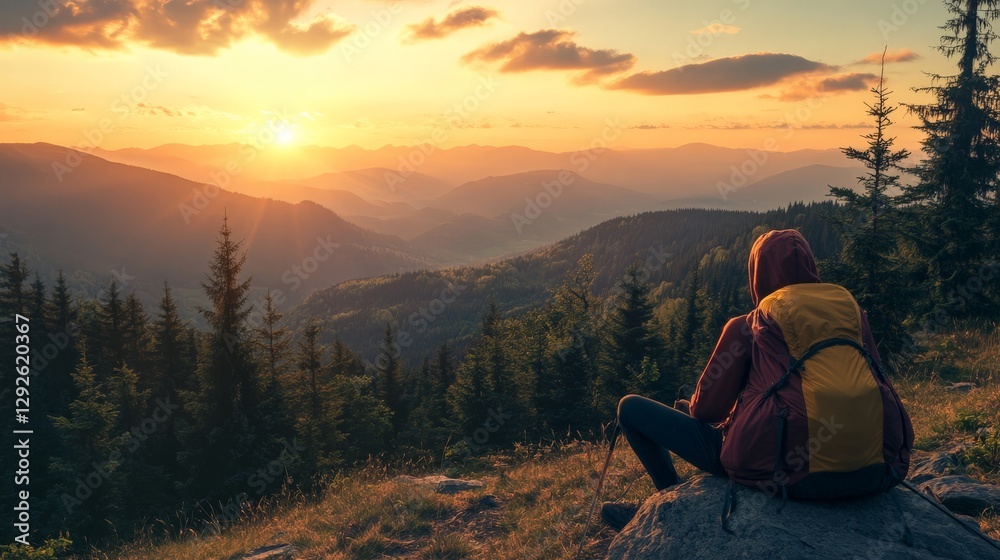 Fototapeta premium Trekker sitting on a rock, watching the sunset from a high-altitude forest campsite