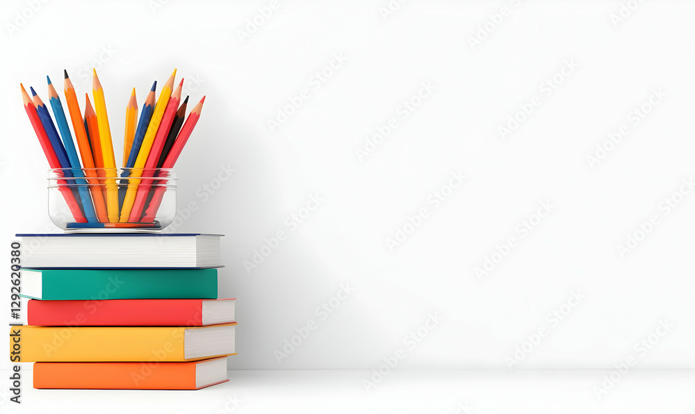 Fototapeta premium Colorful Pencils in Jar on Stack of Books Against White Background