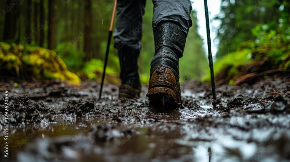 Trekking poles planted in muddy ground, rain falling steadily, perseverance in nature Trekking poles planted in muddy ground, rain falling steadily, perseverance in nature