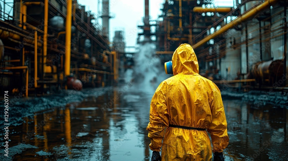 Naklejka premium Industrial Site Worker in Hazardous Environment Wearing Protective Suit Standing by Water Puddle Reflection