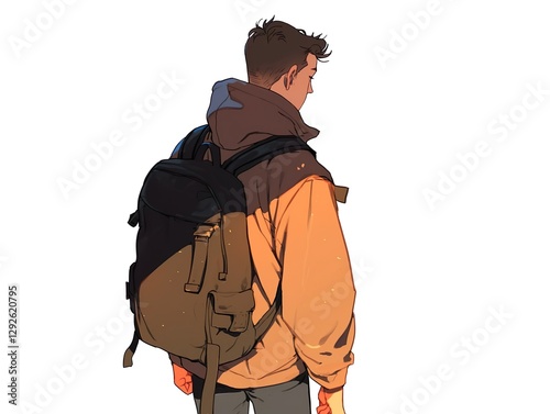 Rear view of a man with a backpack and yellow jacket, conveying a sense of adventure, travel, and urban exploration.