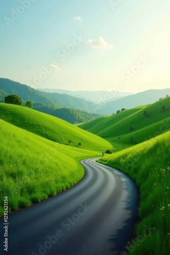Serene Winding Road Through Lush Green Rolling Hills Under a Calm Sky