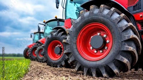 Row of red tractors in a field under a blue sky, focusing on large tires.