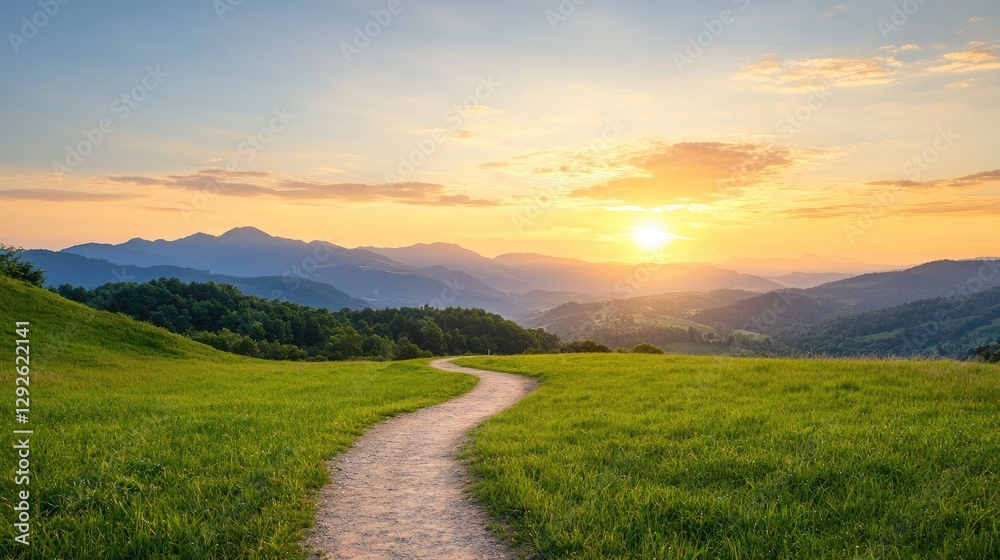Obraz premium Scenic Sunrise Path Through Lush Meadow Mountains