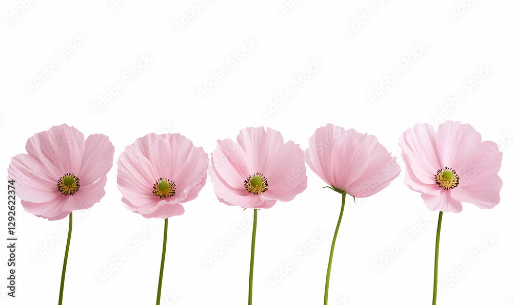 Obraz premium Delicate Pink Flowers in a Row on a White Background for Decoration
