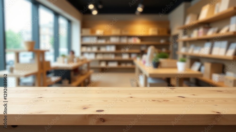 Empty light wood table top with blurred background of a retail shop interior Empty light wood table top with blurred background of a retail shop interior