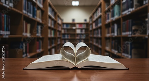 Open book forming a heart shape in a quiet library filled with shelves of literature