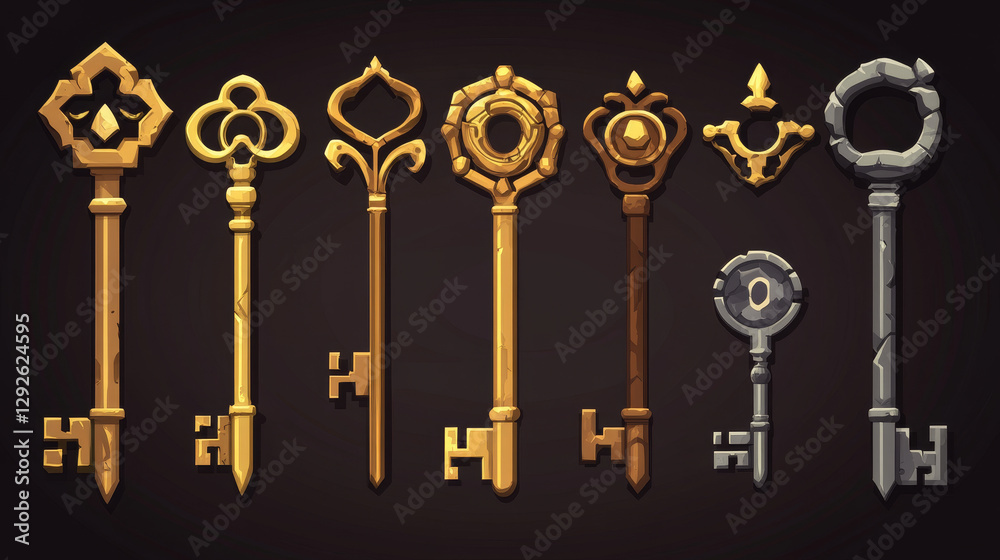 Set of keys made of wood, gold, silver and stone isolated on dark background. Cartoon vector illustration of different rank trophies. Collection of game props, level awards. Gui design elements Set of keys made of wood, gold, silver and stone isolated on dark background. Cartoon vector illustration of different rank trophies. Collection of game props, level awards. Gui design elements