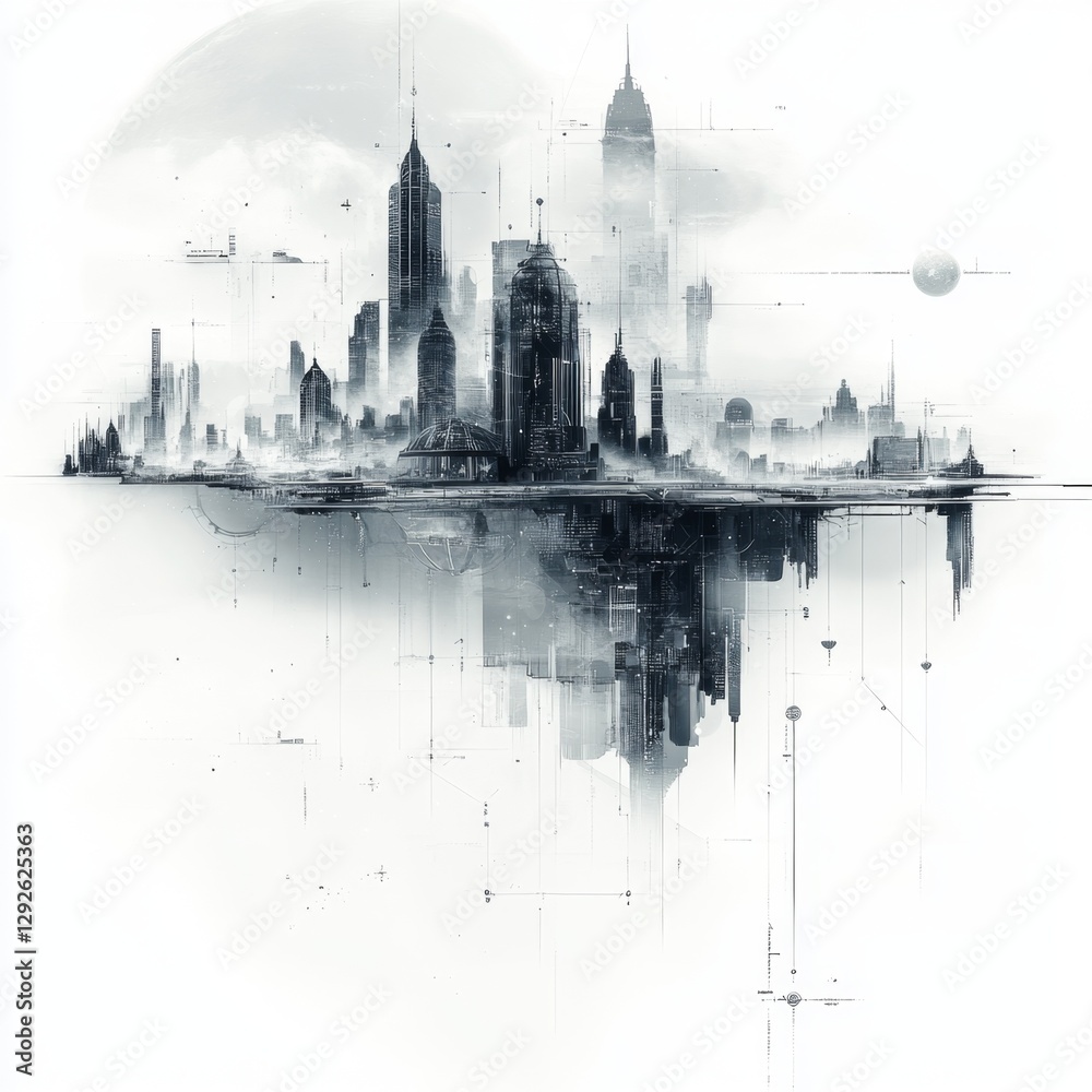 Fototapeta premium Futuristic Urban Landscape with Tall Skyscrapers and Abstract Architecture Elements in Monochrome Tones for Design Projects and Creative Use
