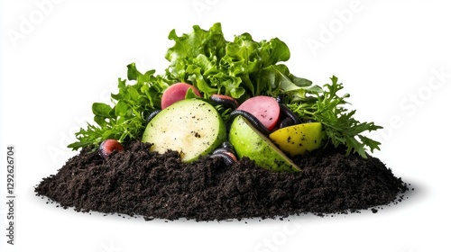 Fresh vegetables and greens on a mound of rich, dark soil, white isolate background.