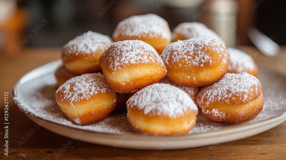 golden brown doughnuts covered in powdered sugar sweet treats food tasty yummy plate baked golden brown doughnuts covered in powdered sugar sweet treats food tasty yummy plate baked