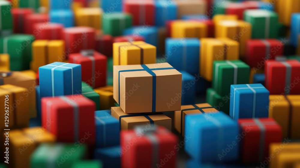 Obraz premium Colorful wrapped gifts scattered on a surface, with one brown box in focus amidst a vibrant background.