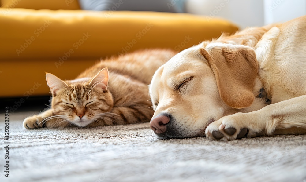 Obraz premium A cute dog resting its head near a cat on a plush rug. Generative AI