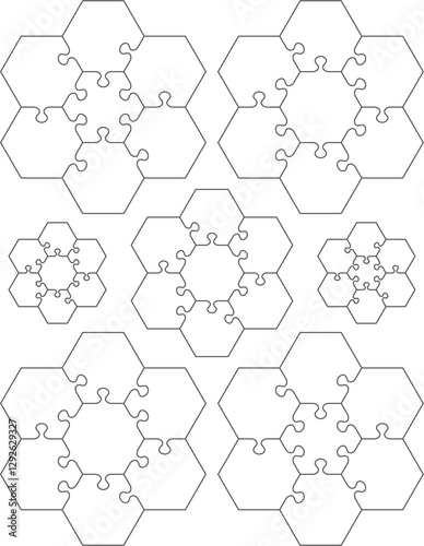 Hexagonal jigsaw puzzle templates, patterns, pieces.
