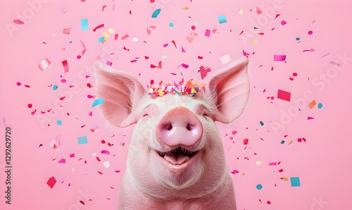 Cheerful Pig with Confetti on Pink Background Celebrating Happiness