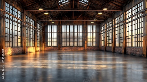 Sunset in empty industrial warehouse