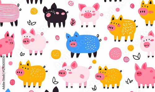 Colorful Cartoon Pigs on White Background for Fun Patterns and Designs