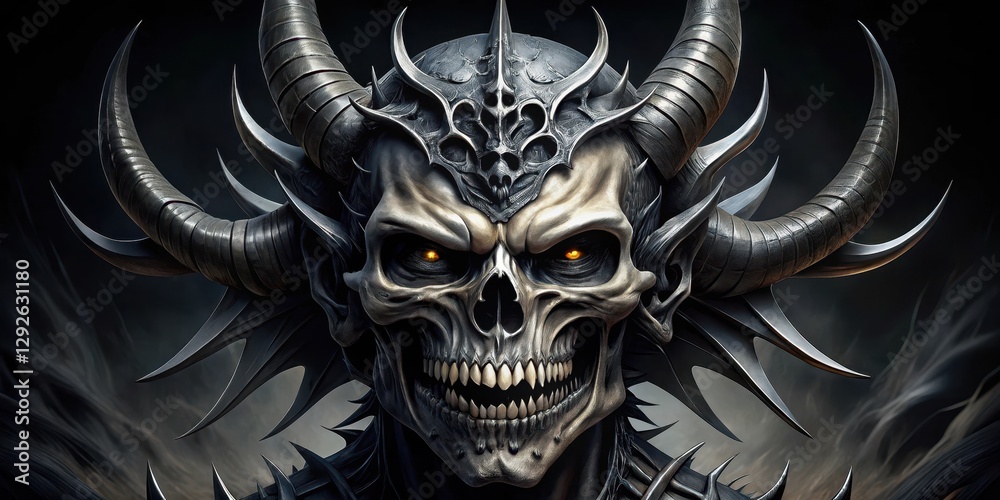 Fototapeta premium A dark, mystical creature with a skull as its body, sporting sharp horns and razor-sharp teeth in shades of black and silver, demonic face, heavy metal demon
