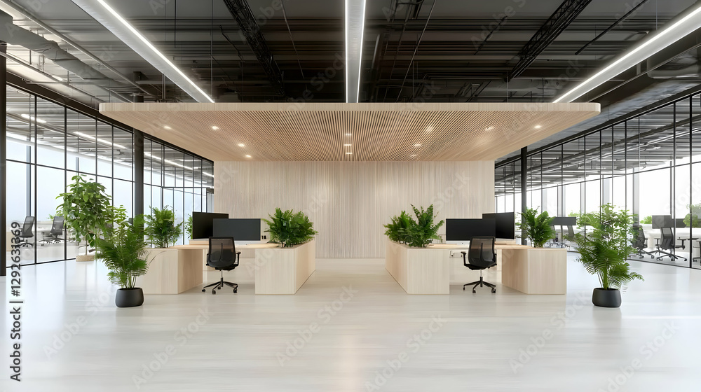 Fototapeta premium Modern Office Interior Design with Natural Elements and Spacious Layout