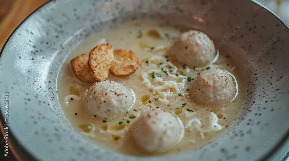 Creamy soup with meatballs and croutons in a bowl. Perfect for illustrating comfort food, delicious recipes, or restaurant menus. Creamy soup with meatballs and croutons in a bowl. Perfect for illustrating comfort food, delicious recipes, or restaurant menus.