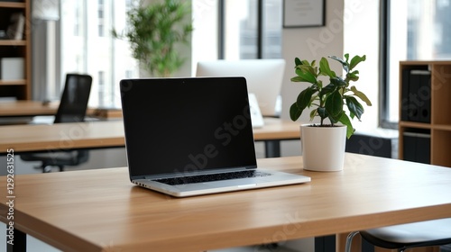 Wallpaper Mural Modern Office Workspace with Laptop and Indoor Plant in Bright Sunlit Environment Torontodigital.ca