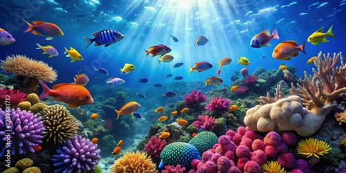 Underwater scene with colorful coral reefs and schools of fish swimming in the blue ocean, blue sea, ocean life