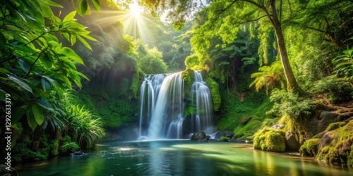 Serene Hidden gem waterfall in lush green forest surrounded by tropical trees and vines, with sunlight filtering through leaves, hidden gem, waterfall