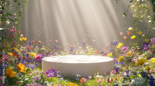 podium natural plant mockup fragrance display. Blooming Meadow with Circular Pedestal Display.