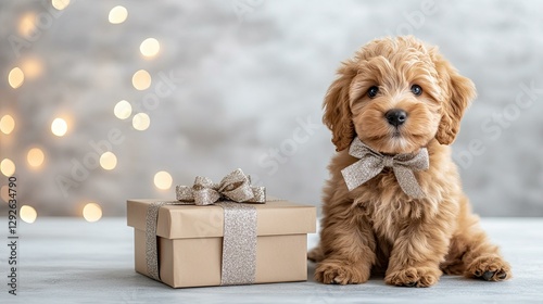 Adorable Golden Doodle Puppy with a Glittery Bow and Christmas Gift Box Against a Bokeh Background