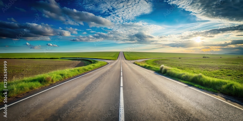 Fototapeta premium A split road with multiple diverging paths leading into the distance #roadsplit #divergingpaths #roadsplitting , , path divergence