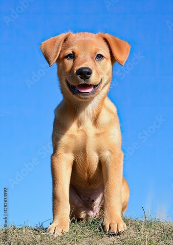 Adorable Golden-Red Puppy Sitting in Grass Against a Vibrant Blue Sky
