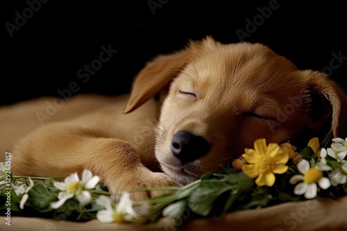 Adorable Golden Puppy Sleeping Peacefully Amidst a Bouquet of Daisies and Yellow Flowers