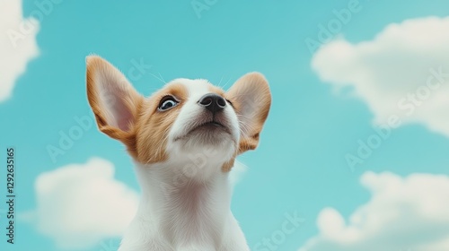 Adorable Puppy Gazing Upwards at a Sky Filled with Fluffy White Clouds