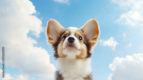 Adorable Tri-colored Puppy Gazing Upward Against a Bright Blue Sky with Fluffy White Clouds