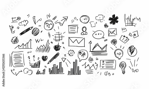 Hand-drawn Business Elements Including Charts, Icons, and Illustrations