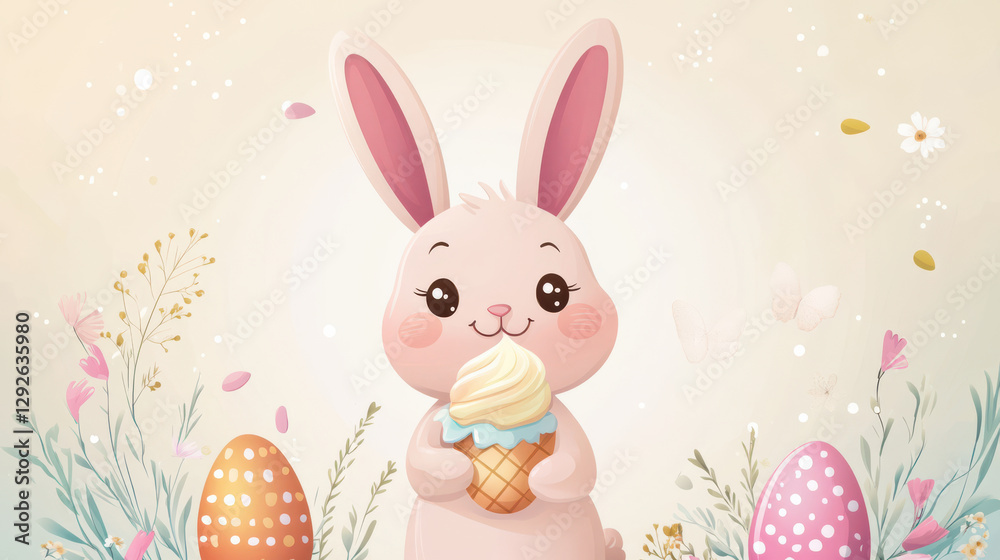 Obraz premium cute bunny holding ice cream cone is surrounded by colorful Easter eggs and flowers, creating cheerful and festive atmosphere