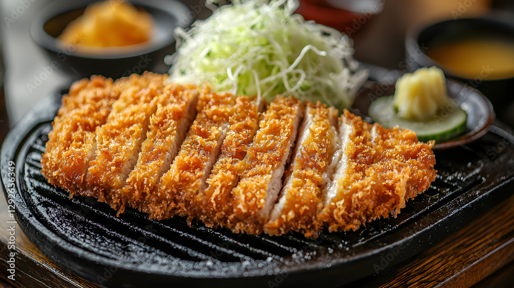 Freshly Fried Tonkatsu on a Sizzling Plate with Cabbage and Condiments Ready to Enjoy Freshly Fried Tonkatsu on a Sizzling Plate with Cabbage and Condiments Ready to Enjoy