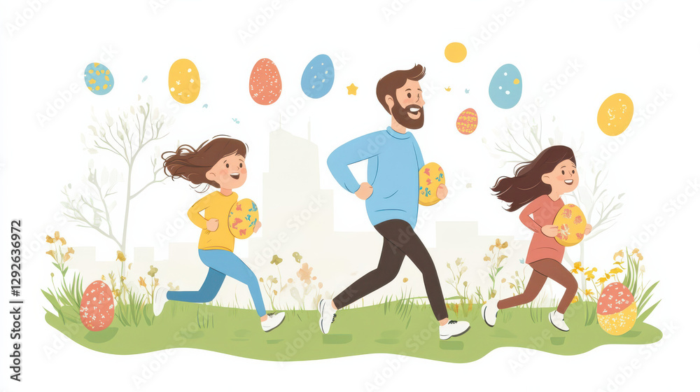 Fototapeta premium family joyfully participates in Easter egg hunt, running through grassy field with colorful eggs. scene is lively and festive, capturing spirit of holiday
