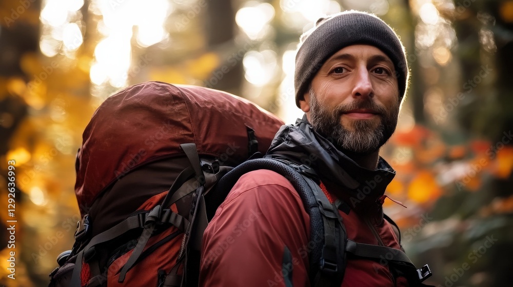 Fototapeta premium Male Hiker Surrounded by Vibrant Fall Forest: Sunlight Filtering Through Trees and Illuminating the Trail