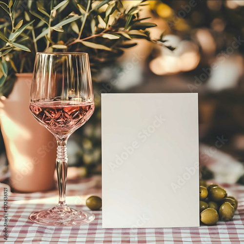 a cozy table top setting Top view of a blank white page on a table in a mockup style pink crystal wine glass and olives in the background placed on a ginghampat