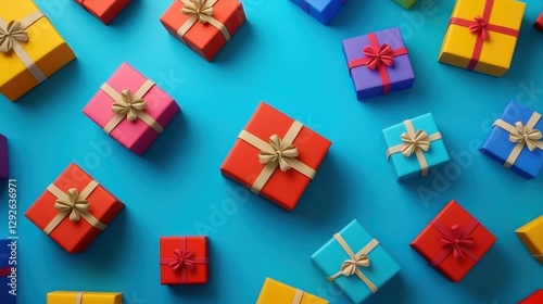 Colorful gift boxes scattered on a vibrant blue background, perfect for celebrations or holidays.