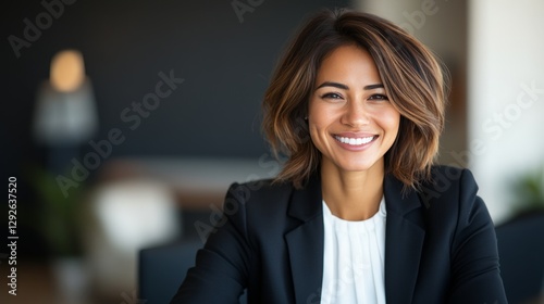 Japanese female attorney in a crisp white blouse and tailored black suit, sitting at a round conference table, discussing intellectual property law with a business client, soft natural lighting photo