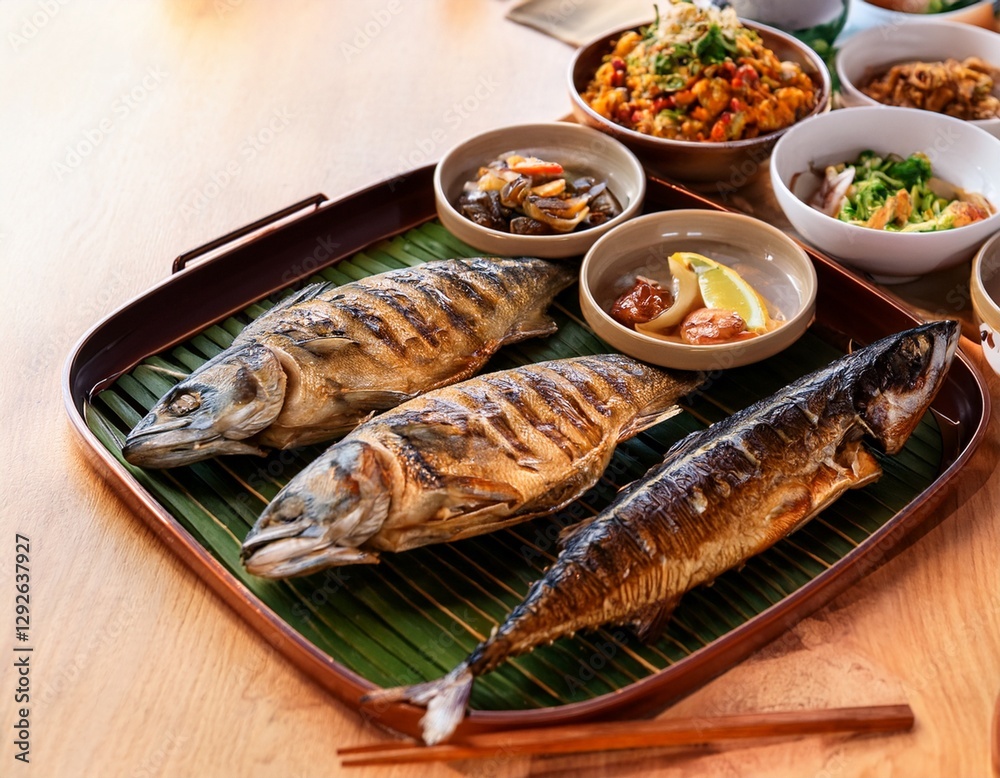 Korean Grilled Fish Feast: Mackerel and Hairtail with Side Dishes Korean Grilled Fish Feast: Mackerel and Hairtail with Side Dishes