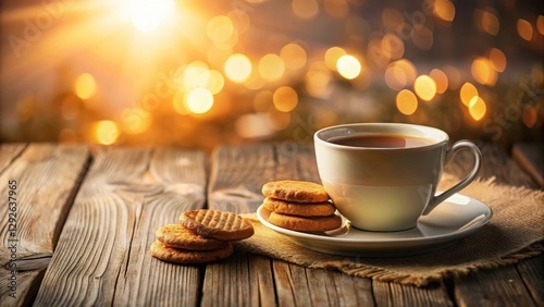 Cozy scene of a cup of tea and plate of biscuits on a wooden table with warm golden light and soft texture, natural, table,  natural