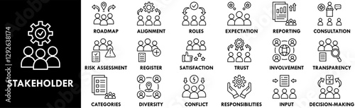 Stakeholder icon collection set. Containing design business, collaboration, teamwork, management, communication