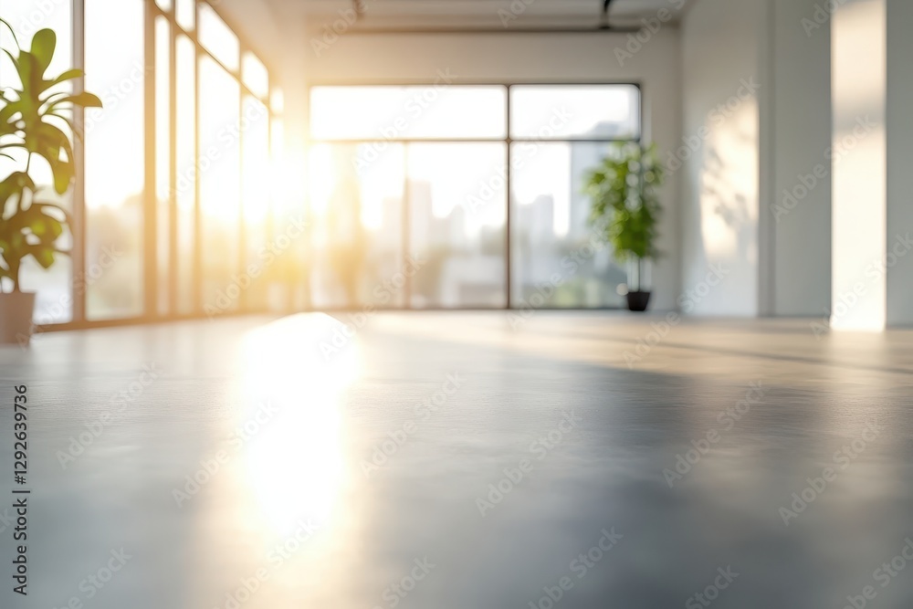 Sunlit modern office space with large windows. Ideal for showcasing products, services, or creating a clean, bright aesthetic.