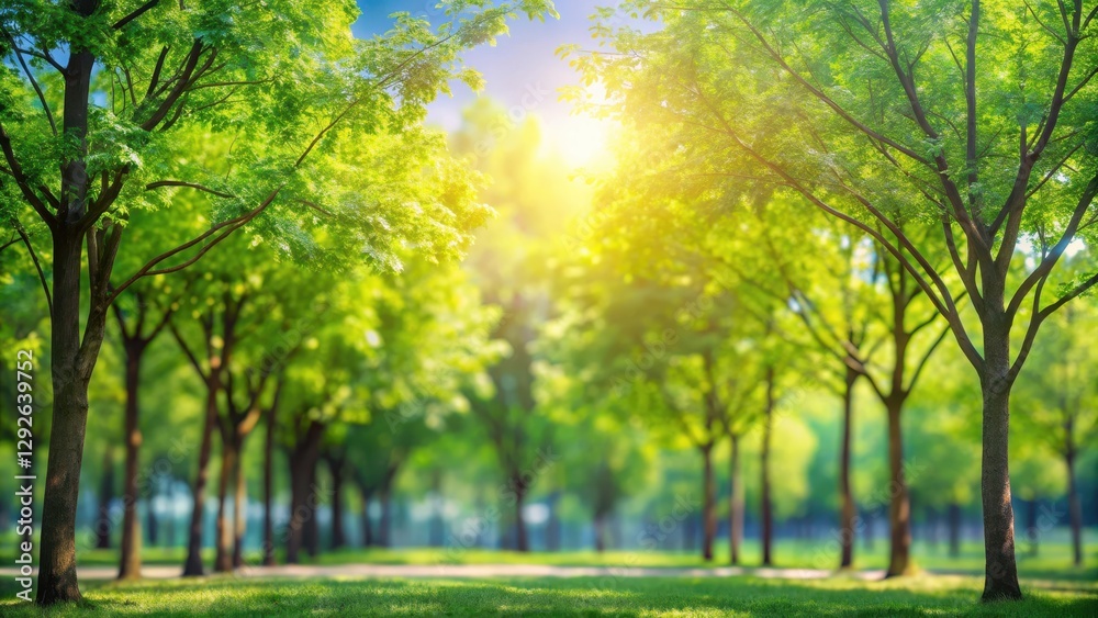 Fototapeta premium A serene garden scene with a defocused bokeh background of tall trees standing against a clear blue sky, their leaves rustling gently in the warm sunlight , garden trees, serenity