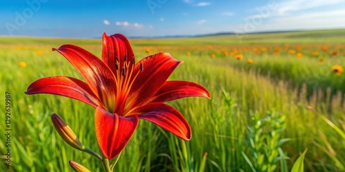 Fototapeta Naklejka Na Ścianę i Meble -  Western Red Lily in Full Bloom, Saskatchewan Pasture, blooming, prairie, blooming,prairie,flowers,distorted,pasture,orange