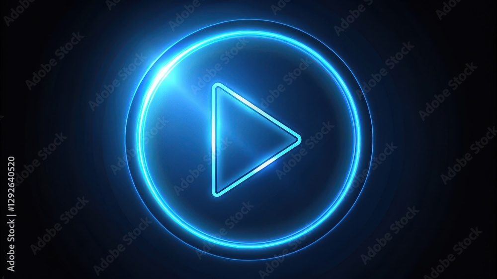 Fototapeta premium Glowing blue play button on black background with right navigational triangle arrow and neon circle, digital element, glowing circle